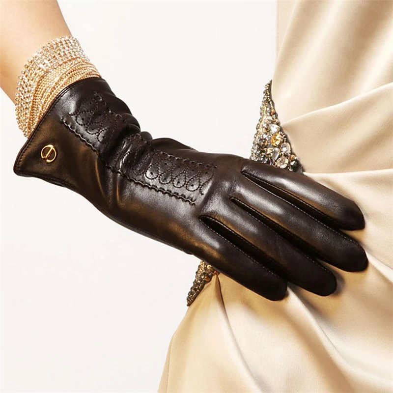 Gants d\'hiver à la mode pour femmes, en cuir véritable, solide, noir, en peau de mouton, Promotion, livraison gratuite, EL001NR-5