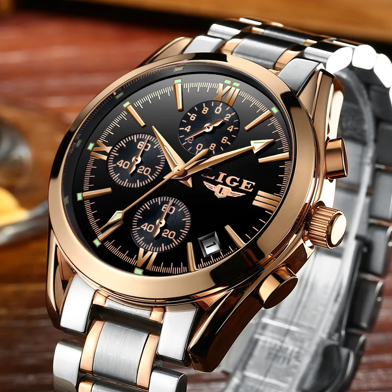 Relogio Masculino LIGE Men Top Luxury Brand Military Sport Watch Men\'s Quartz Clock Male Full Steel Casual Business gold watch