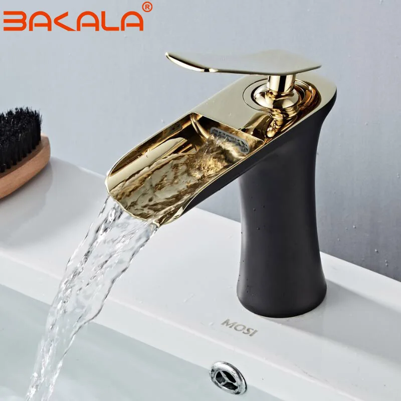 BLACK GOLDEN Basin Faucet Cold and Hot Water Waterfall Bathroom Faucet Single handle Basin Mixer Tap Deck Mount Torneira