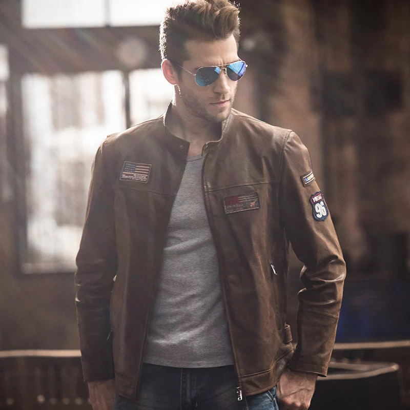 FLAVOR Men's Real Leather Jacket Pigskin Motorcycle Genuine