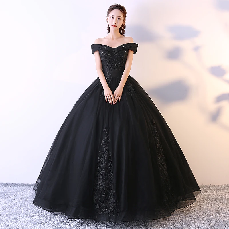 Vestido de quinceañera con hombros descubiertos, traje de quinceañera con apliques y cuentas, color negro, albaricoque, para baile de 15 años, 2019