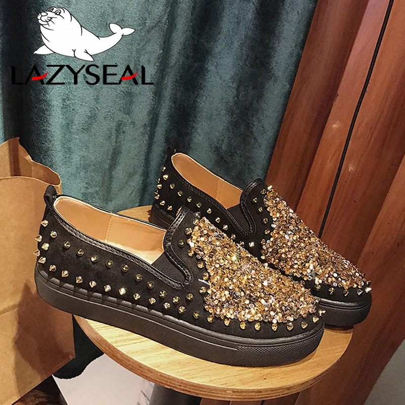 LazySeal Bling kobiety mieszkania buty miłośników nity PU skórzane mokasyny kobieta buty na płaskim obcasie kobiety okrągłe Toe muły buty dla kobiet