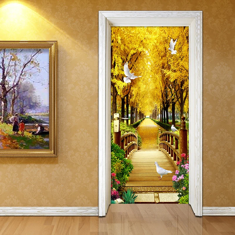 

3D Wall Door Sticker Forest Nature Landscape Wallpaper Living Room Bedroom Home Decor Door Decals PVC Papel De Parede