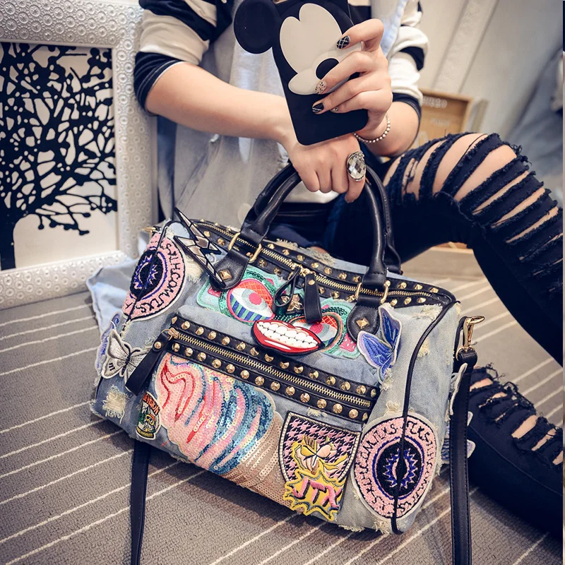 Rock Style Fashion Totes  Women Denim Handbags Casual Shoulder Bags Vintage Demin Blue Top Handle Bags Bolsa Large Travel Bags