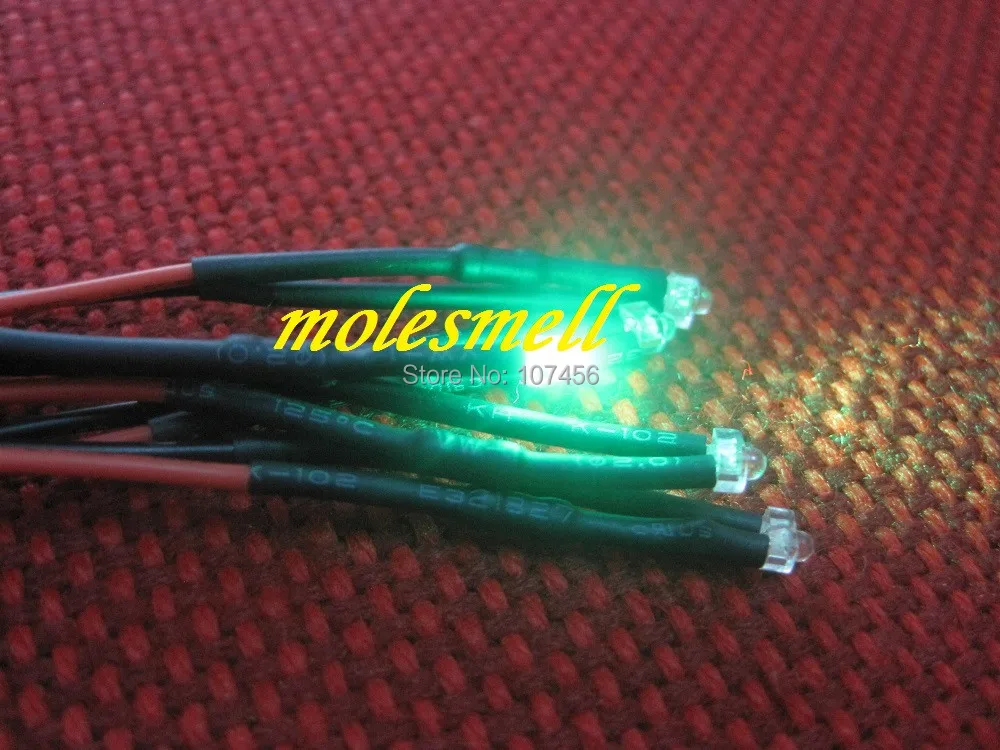 

Free shipping 100pcs 1.8mm green LED Lamp Light Set Pre-Wired 1.8mm 12V green 12v DC Wired