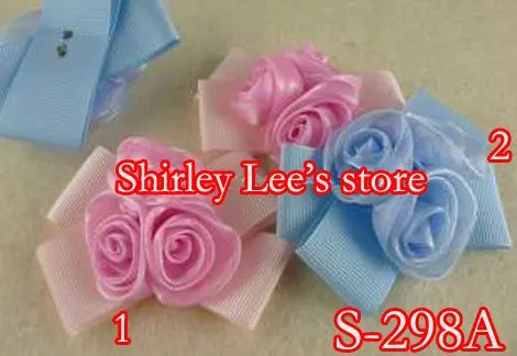 Wholesale --600 X (7x5cm) Pretty Pink And Blue Organza Sheer Rose on Grosgrain Ribbon Bow,Applique Crafts