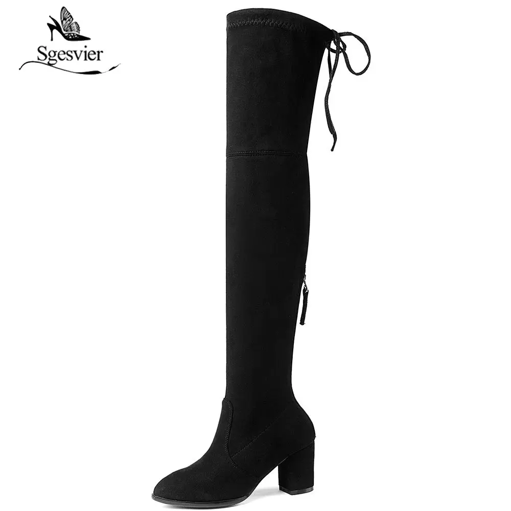 Sgesvier 2019 Women Boots Lace Up Over The Knee Boots Stretch Fabric Square High Heel Slim Fashion Ladies Boots Size 34-43 OX552