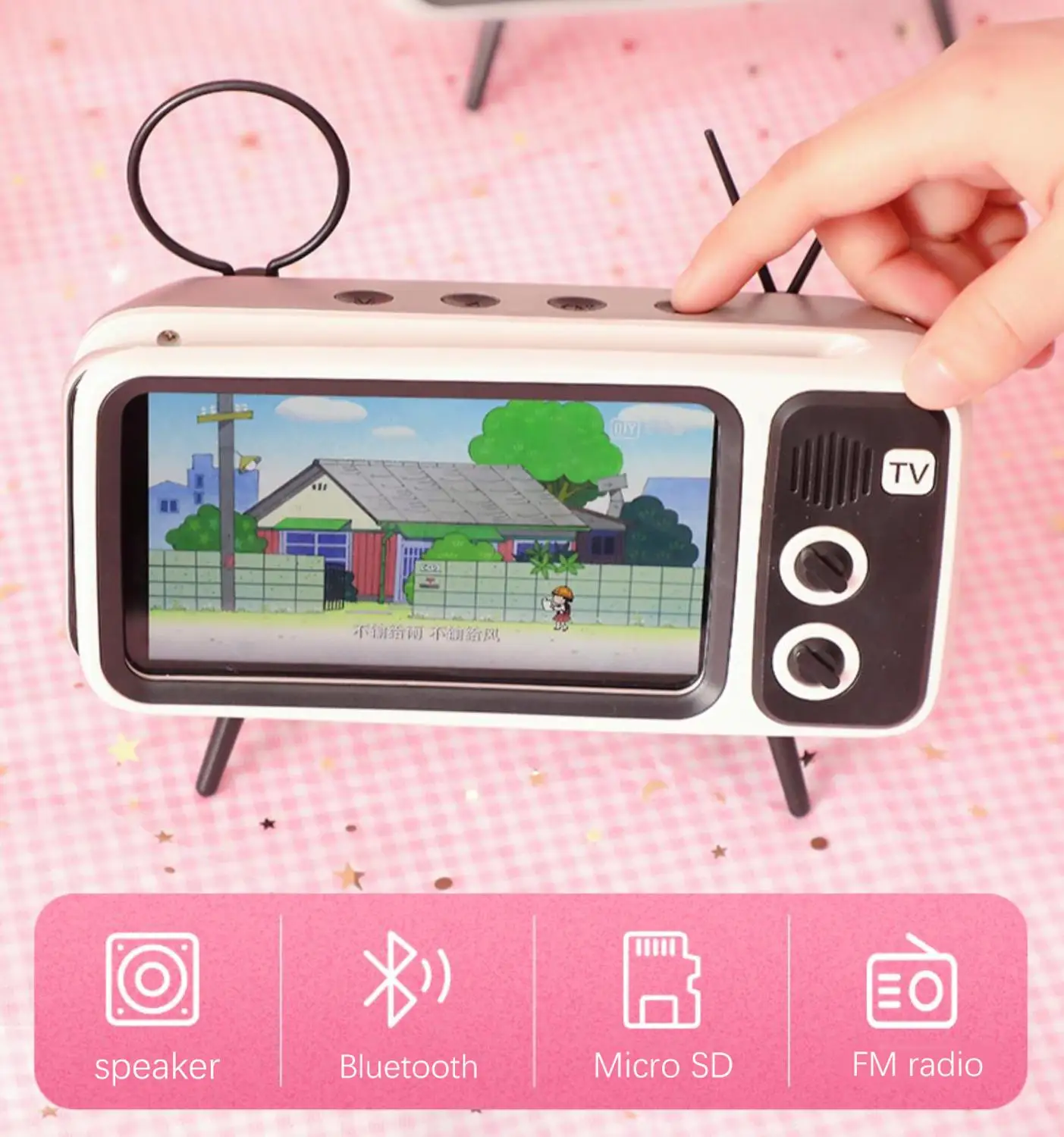 Classic Tv Style Phone Holder & Bluetooth Speaker 2 In 1 With Inernal 1200mah Battery, Fm Radio, Support Reading Micro Sd Card