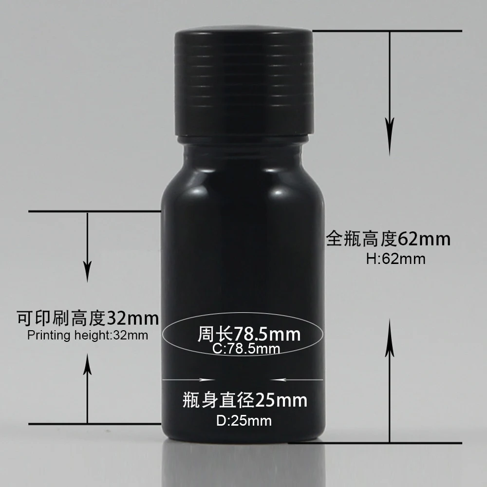 Empty gloss black 10ml vial glass bottle with insert screw cap for essential oil packaging