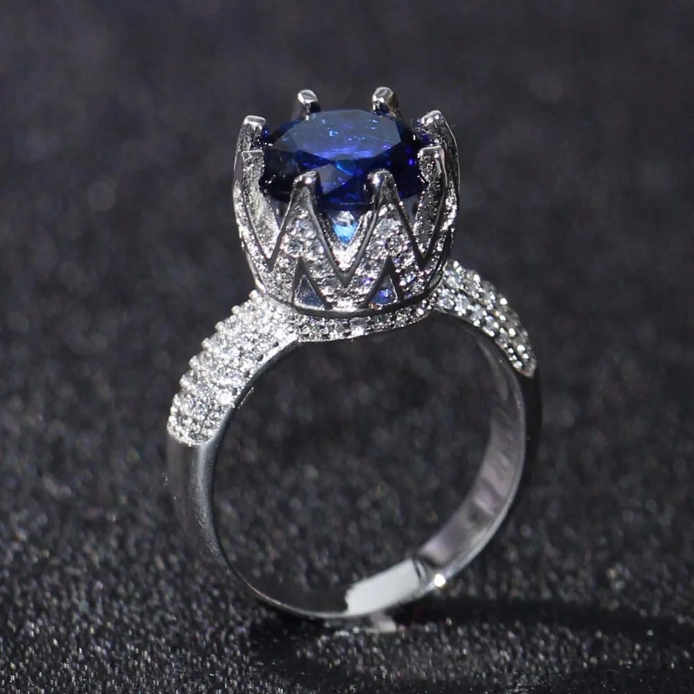 

Drop Shipping Original Brand New Luxury Jewelry 925 Sterling Silver Round Cut Big Blue CZ Zirconia Women Wedding Crown Band Ring