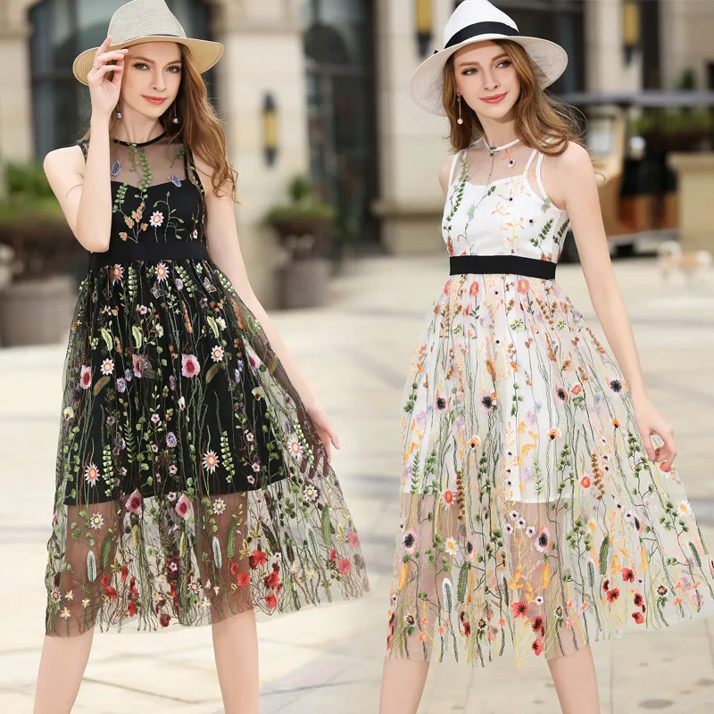 Mùa hè hoa thêu lưới bohemian phụ nữ đảng dress không tay a-line elegant dài đen trắng nữ casual bãi biển dresses