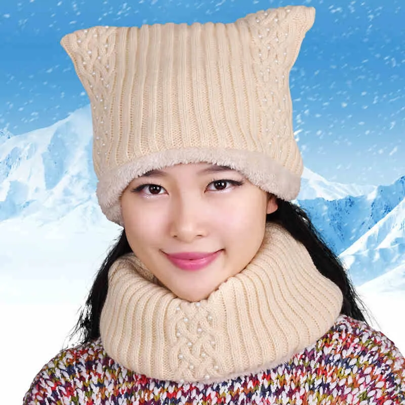 Hat Female Winter Knitted Mother Hat Thickening Thermal Knitted Hat Thickening Collars Pocket Hat Plus Velvet Scarf Muffler