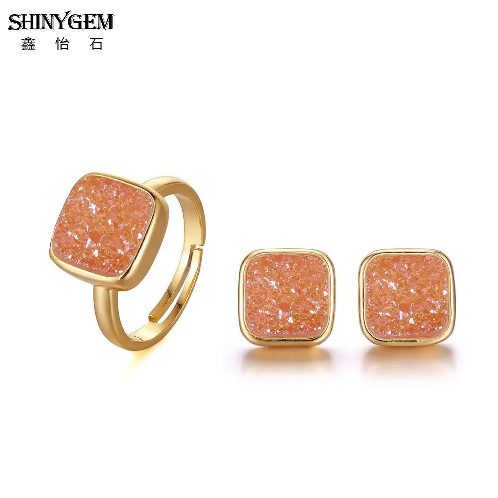 shinygem natural crystal druzy stud earrings adjustable rings minimalism gold plating wedding jewelry sets bridal
