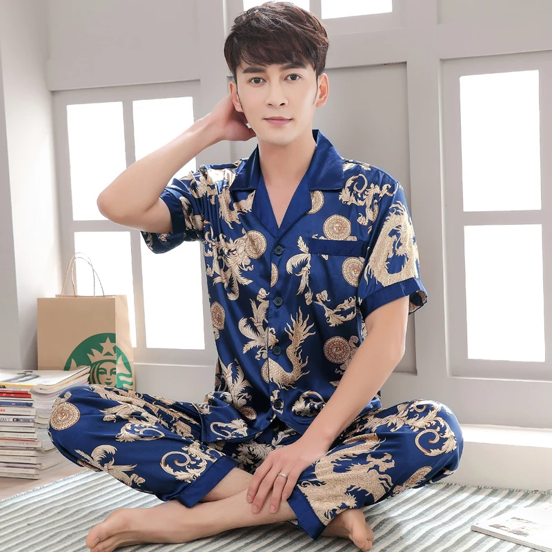 Vintage Gray Chinese Men Satin Pajama Set Novelty Clothes Pyjamas Suit Short Sleeve Shirt &Pants Trousers Sleepwear Nightwear