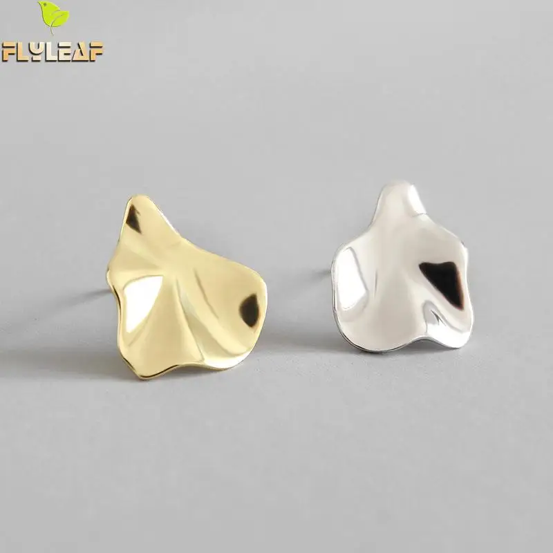 Flyleaf Gold Irregular Uneven Stud Earrings For Women 2018 New Trend 100 % 925 Sterling Silver Lady Fashion Jewelry