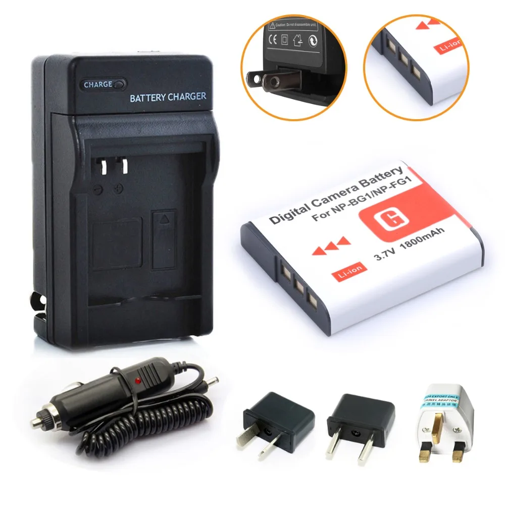 1800mah NP-BG1 Camera Battery  +Charger +Car Charger+Plug Adapter for Sony NP-BG1 NP-FG1 DSC-H3 DSC-W70 BC-CSGE BC-CSGD W30