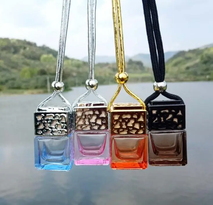 Colorful Cube Car Perfume Bottle Hanging Air Freshener For Essential Oils Diffuser Fragrance Empty Glass Bottle Pendant SN1624