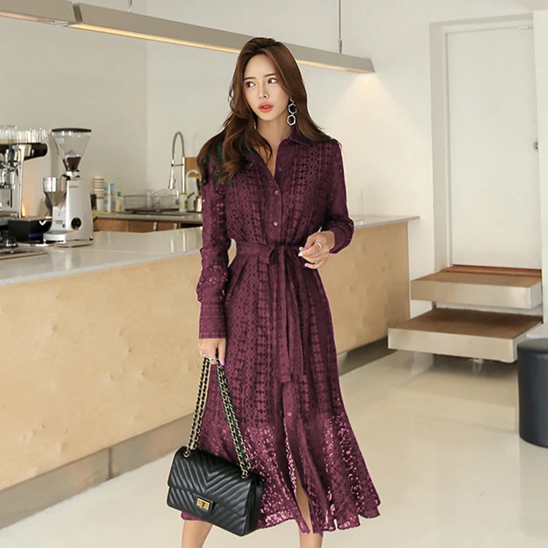 

Spring Hollow-out Lace Women Long Dress with Belt Single Breasted Elegant Mermaid Female Dress Full Sleeve Autumn Vestidos femme