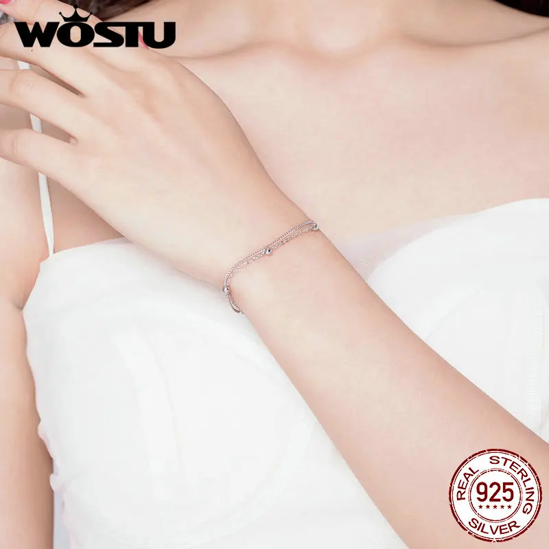 WOSTU New Design Parallel Chains With Silver Bead Bracelets 925 Sterling Silver For Women Chain Link Silver 925 Jewelry FIB131