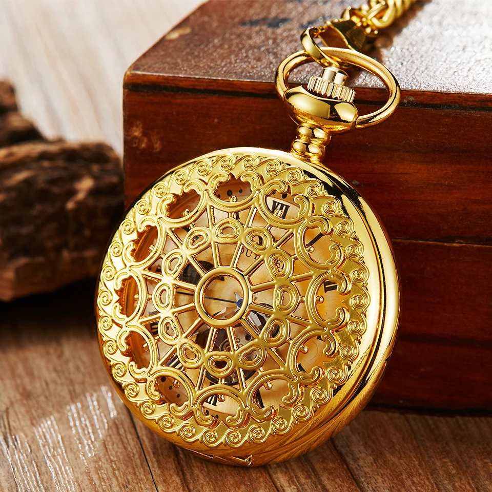 

Luxury Mechanical Pocket Watch Hand Wind Fob Watches Roman Numerals Moon Shape Hollow Dial Skeleton Clock Chain for Men & Women