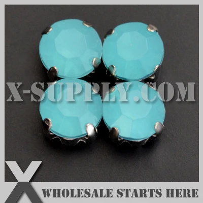 10mm Mounted H17 Teal Opal Round Pointed Acrylic Rhinestone Chaton in Silver NICKEL Sew on Setting for Shoe,Garment