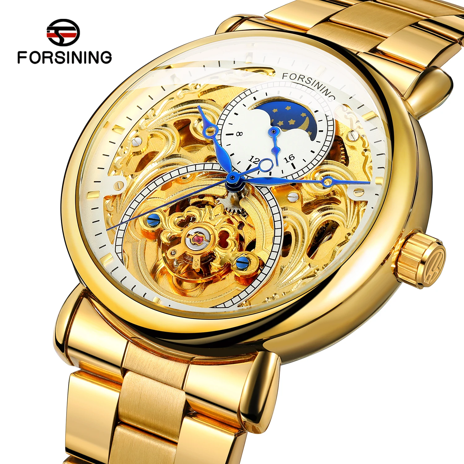 Forsining Brand Luxury Skeleton Automatic Mechanical Watch Men Full Golden Steel & Leather Man Business Sun Moon Display Clock