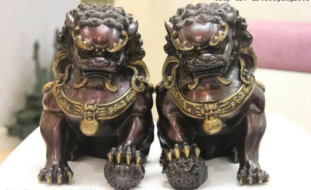 Royal Red Copper Bronze Feng Shui Evil Guardian Door Bei Jing Fu Foo Dog Pair 26cm