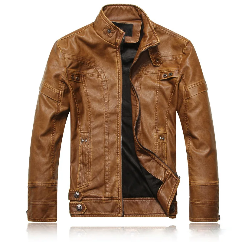 KH New Brand Men\'s Motorcycle Leather Jacket Stand Collar Bomber Jacket Jaqueta de couro masculina Casual Warm Leather Coat Male