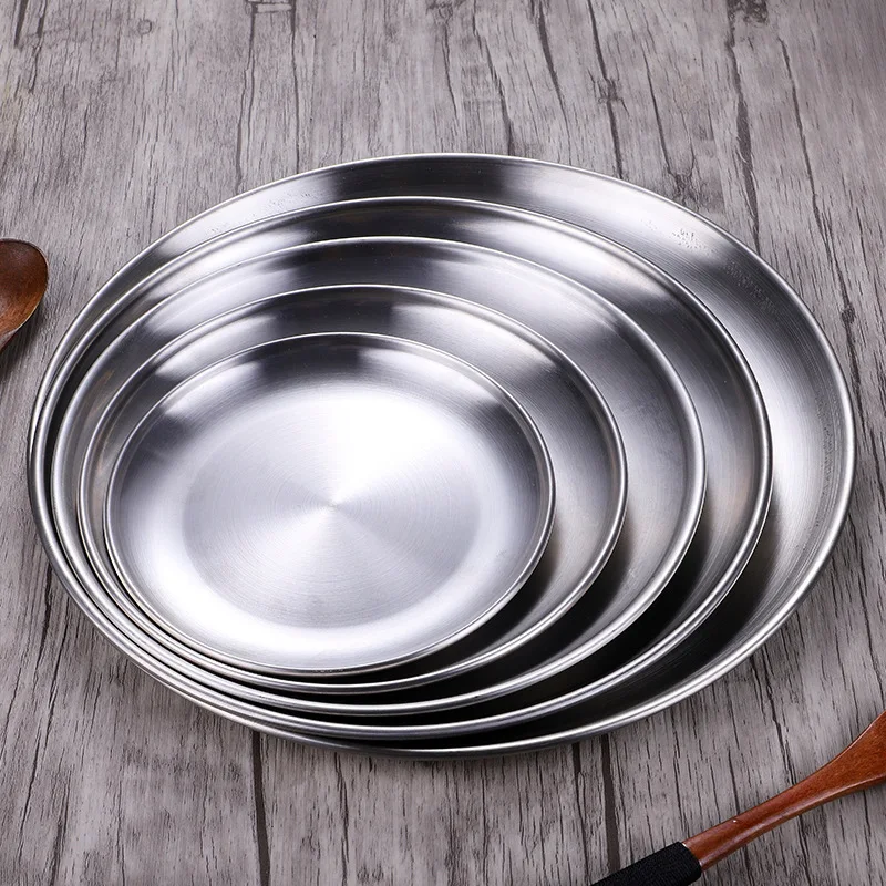 Plato redondo doméstico para repostería, bandeja de verduras encurtidas, plato de carne a la parrilla para Buffet, plato de cena de acero inoxidable, estilo coreano