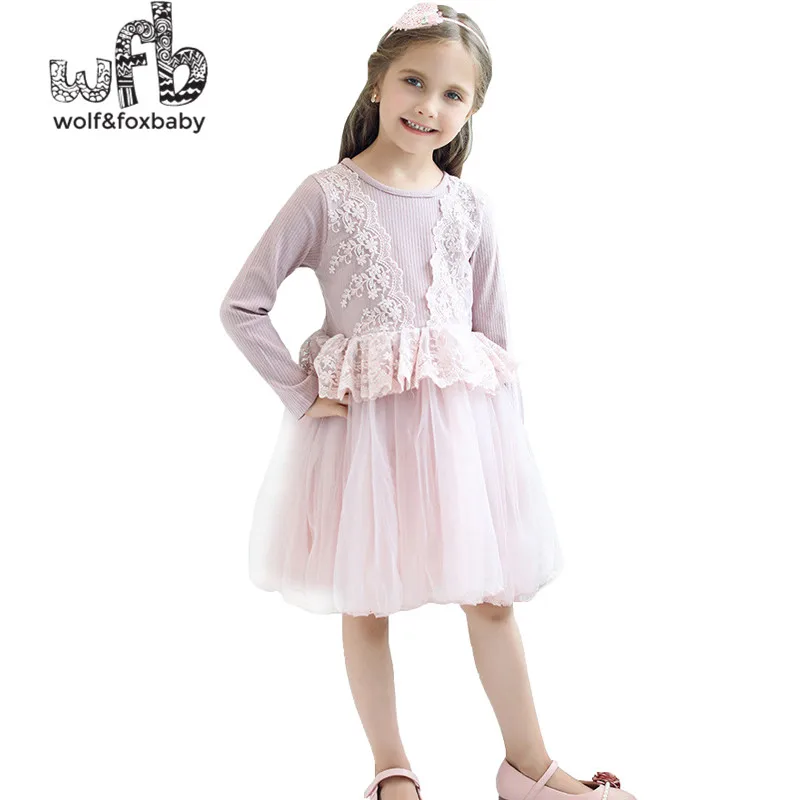 

Retail 3-10 years long-sleeves sweet pure color comfortable lace mesh children's dress girls spring fall autumn