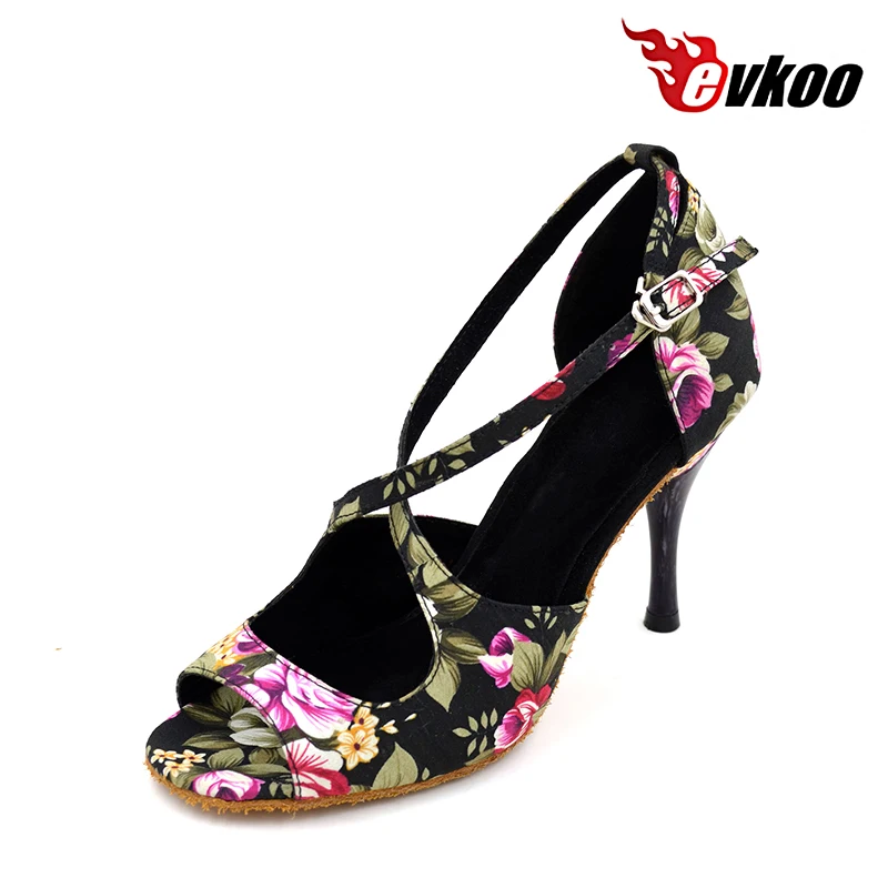 Customized Zapatos De Baile Latino Shoes Flower Pattern Satin Material 8.5cm Heel Ballroom Latin Shoes For Ladies Evkoo-007