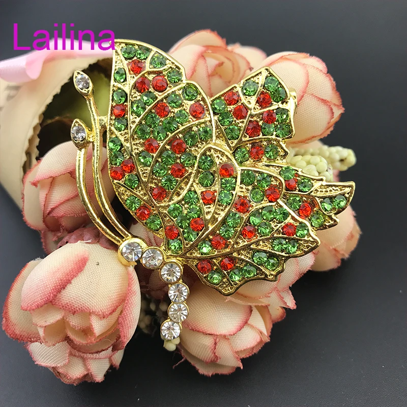 

100pcs / lot 60mm mix colors butterfly Pin gold tone rhinestone insect butterfly Brooch