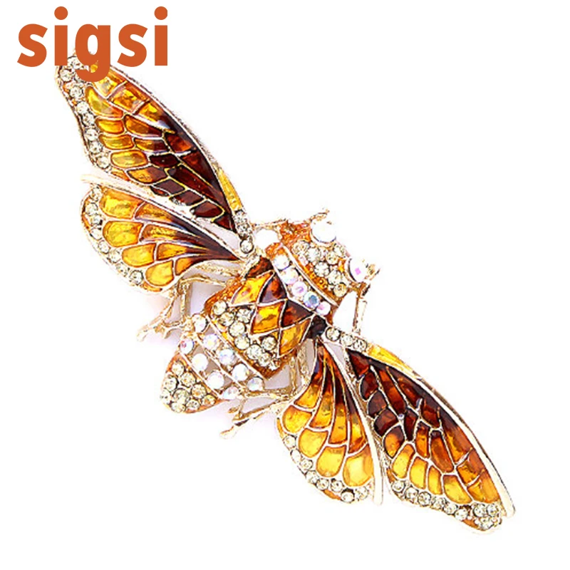 

DHL free shipping 100pcs a lot 3.25W x 1.25H inches Gorgeous Brown Color Yellow Crystal Big Cicada Pin Brooch