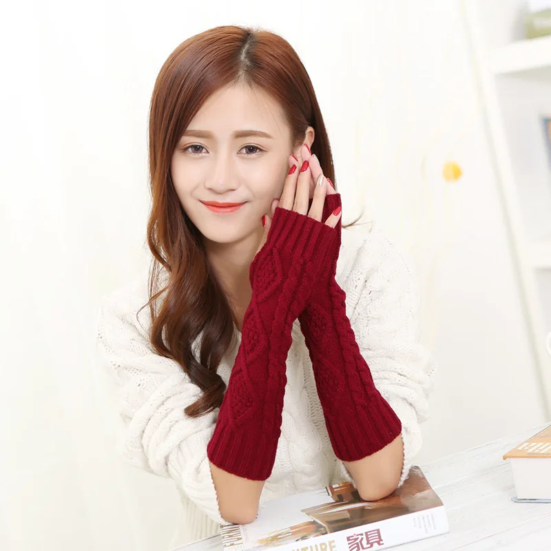 Fashion Solid Winter Gloves Women Fingerless Long Hand Arm Wool Crochet knitted Gloves For Women Ladies Warm Mittens Gants Femme