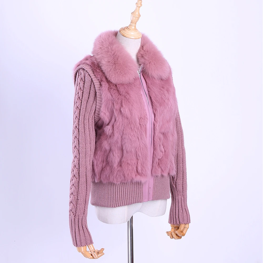 Chaqueta de piel de conejo auténtica para mujer, cuello de piel de zorro, manga de punto, abrigo de invierno, prendas de vestir cortas informales,