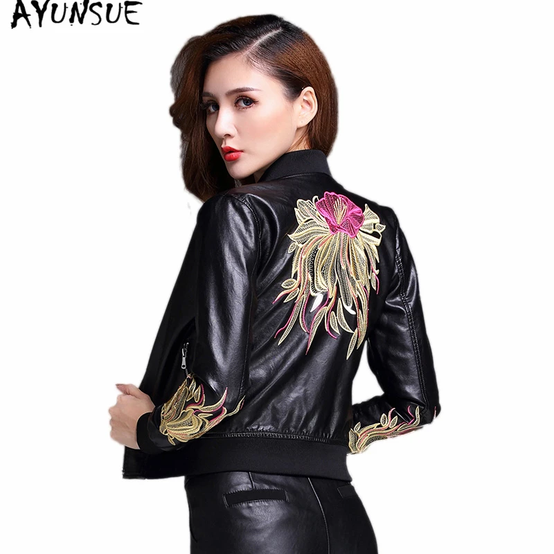 AYUNSUE 2020 Spring Autumn Genuine Leather Jacket Women Korean Embroidery Fashion Fit Shorts Sheepskin Leather Jackets Coat 1106