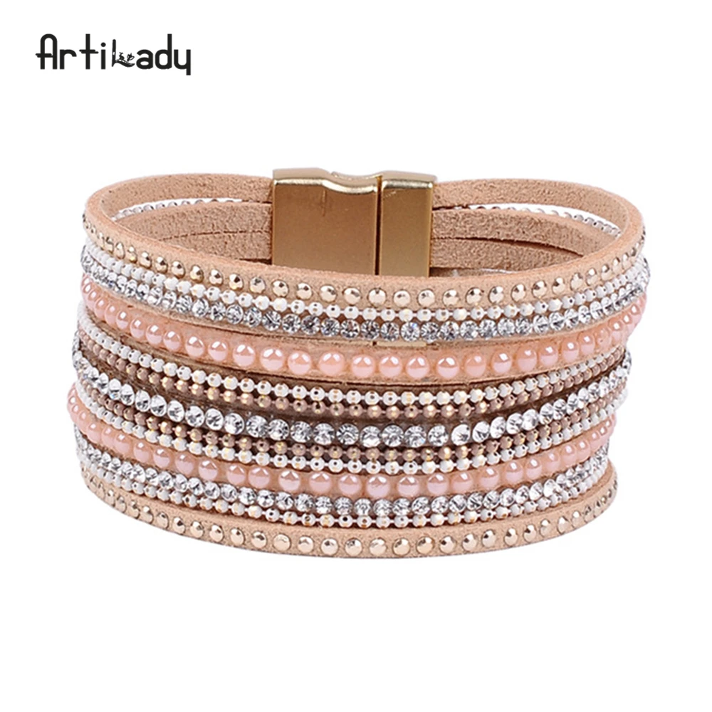 Artilady Tennis Bracelet Women Width Leather Bangles Design Bangles Magnet Bracelet Luxury Women Jewelry Gift for Girlfriend