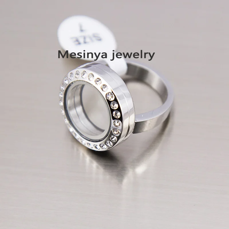 10pcs US size 6  7  8  9  10 Czech Crystal  Magnet Stainless Steel Glass Locket Ring For Custom Floating Charms With No Charms