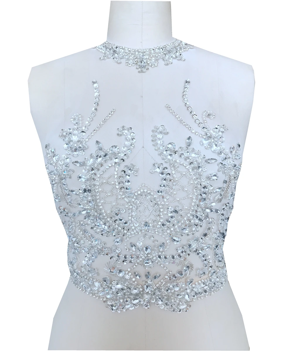 ZBROH Pure hand made sew on Rhinestones applique on mesh silver/gold/multicolored crystals patches 39*29cm dress accessory