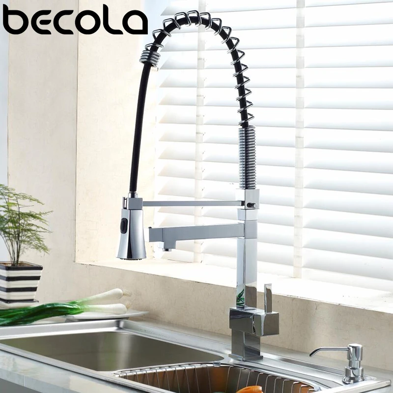 Becola Deck Mount Spring/Pull Out Brass Kitchen Faucet Hot and Cold Chrome Pull Down Spray Water Tap Mixer Luxury Sink  LH-8094