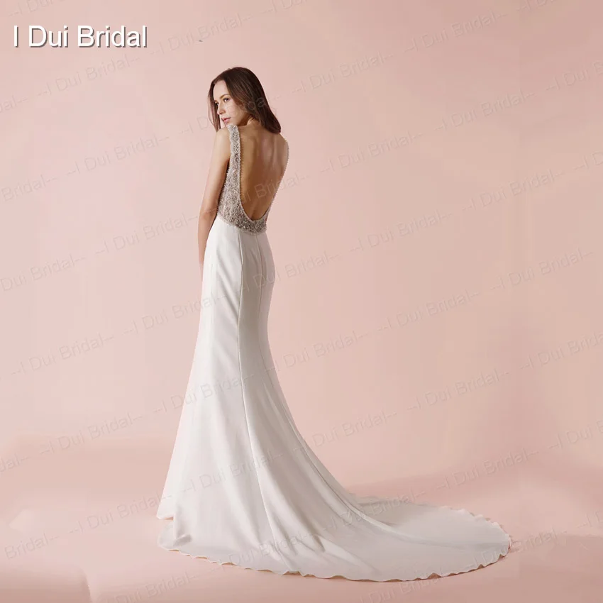 Bare Back Sheath Wedding Dress Luxury Jewel Beaded Elegant Bridal Gown New Style