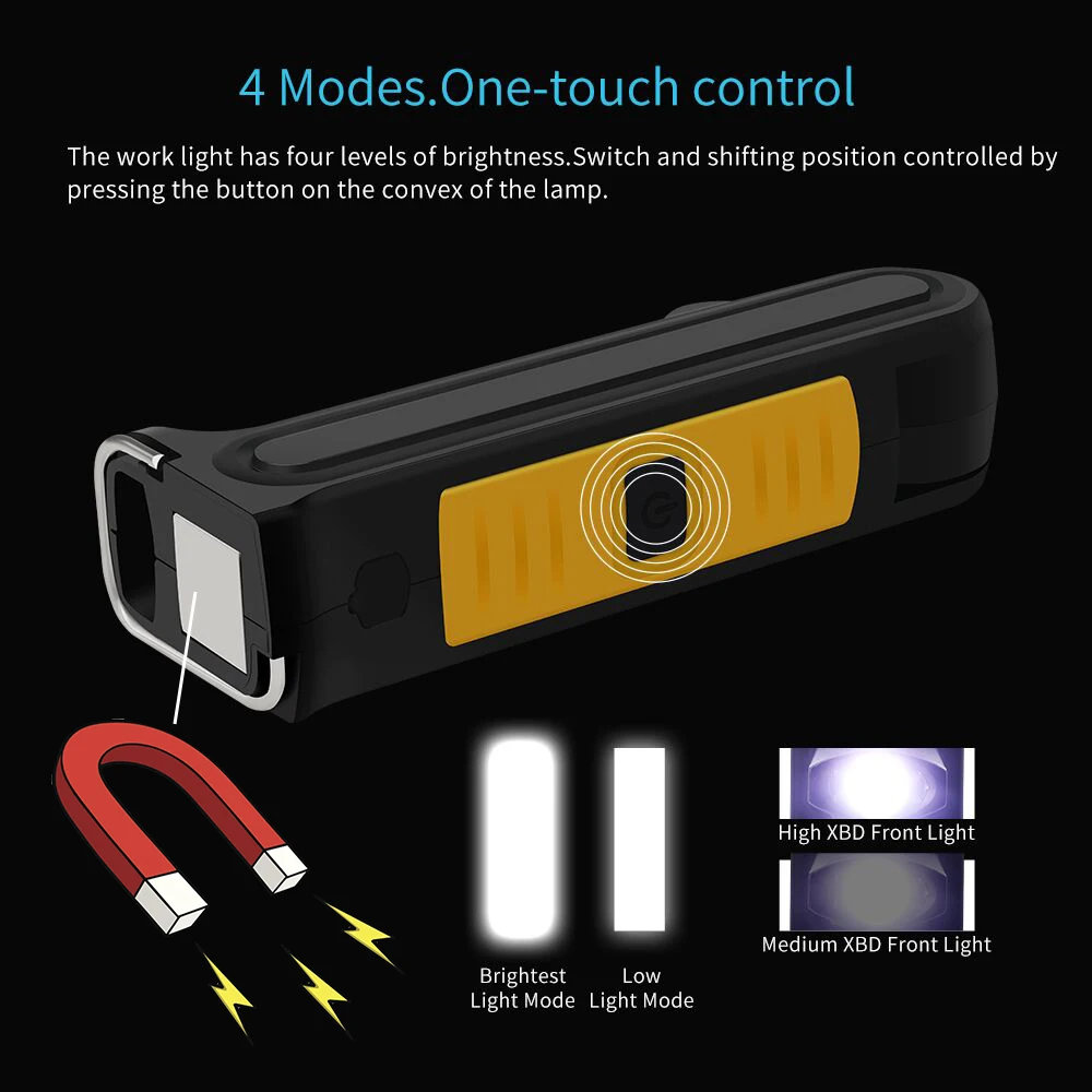 USB Rechargeable COB LED flashlight work light Inspection Light 4 modes Tail magnet design Hanging torch lamp waterproof