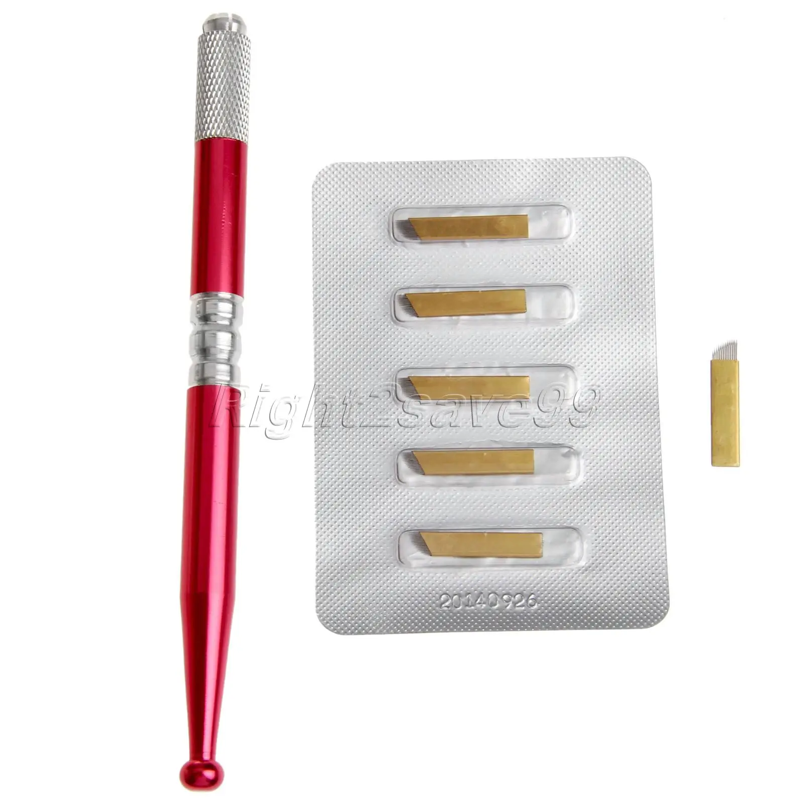 Manual Pen Tattoo Permanent Makeup Eyebrow Gun+ 5Pcs 14Pins Blade Needles for 3D Microblading Embroidery Alloy Red Sets