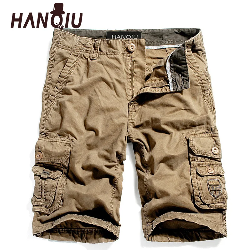 

HANQIU New Arrival Men Cargo Shorts 2022 Summer Solid Multi-Pocket Tactical Military Cotton Mid-Waist Casual Men's Shorts