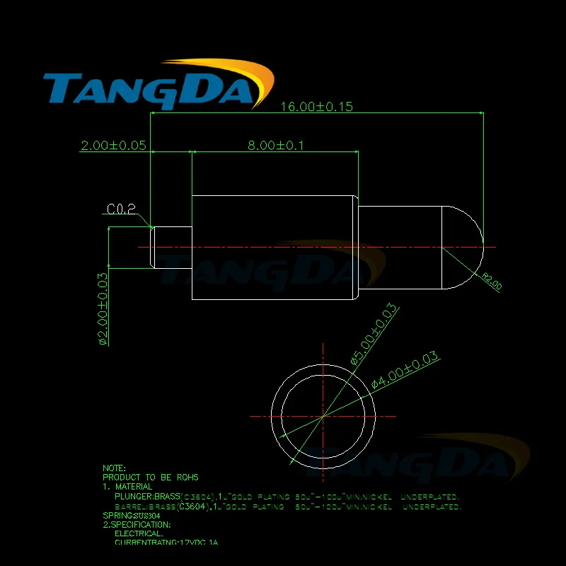 Tangda pogopin Connectors Spring probe PCB board Signal contact thimble D 5*16 Hmm Gold-plated 1u