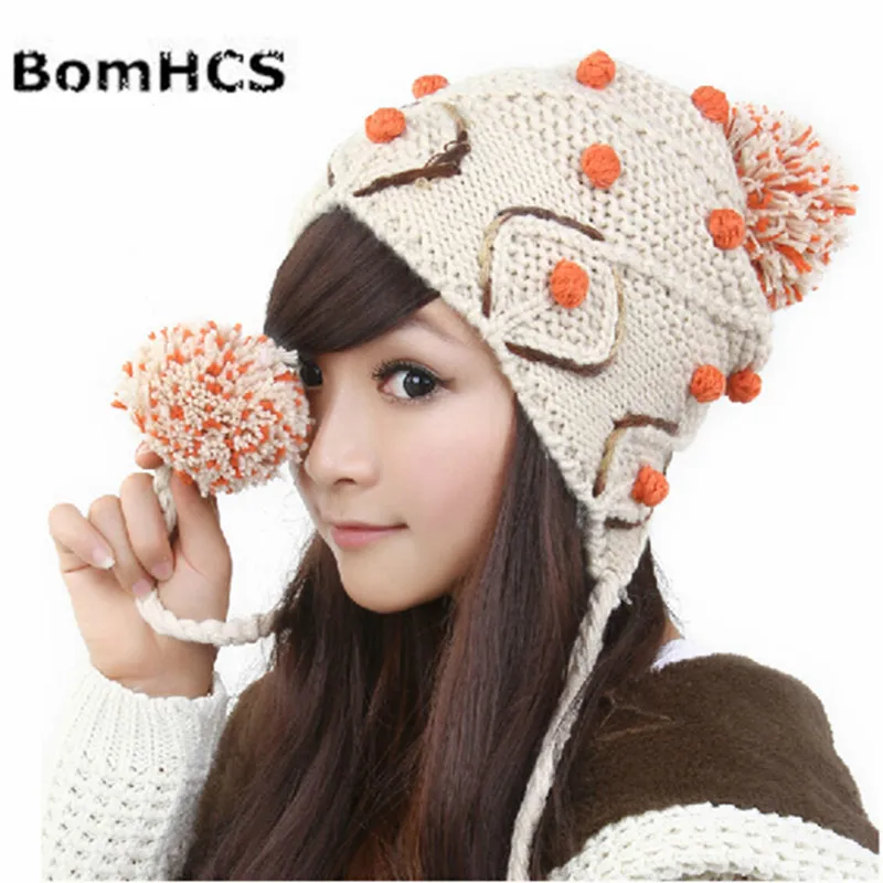 BomHCS 4 Colors Cute Soft Ear Muff Knitted Beanie Hat Women Winter Warm Color Matching Peas Cap