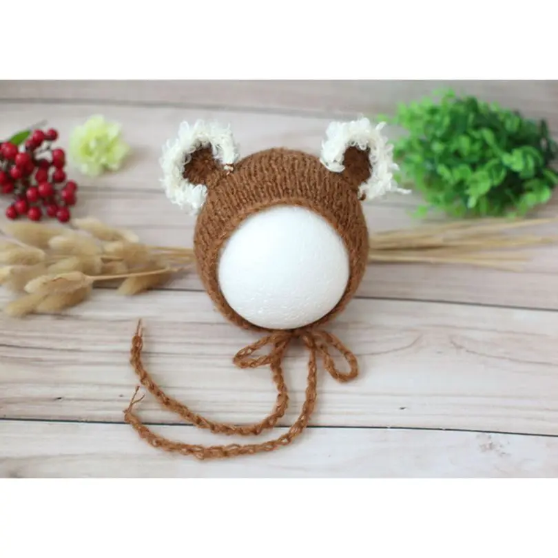 Infant mohair bonnet Knit baby lace hat Newborn photography props Newborn bear hat props