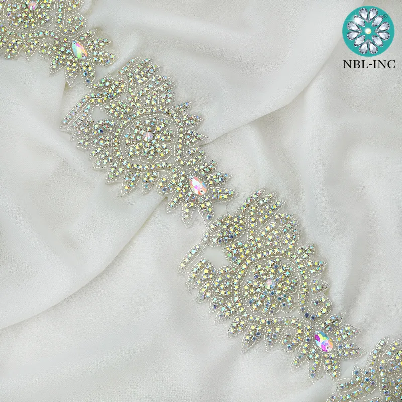 (10 yards )Bridal beaded gold AB crystal Rhinestone Applique Trim iron on for wedding dress rhinestone applique belt WDD0937