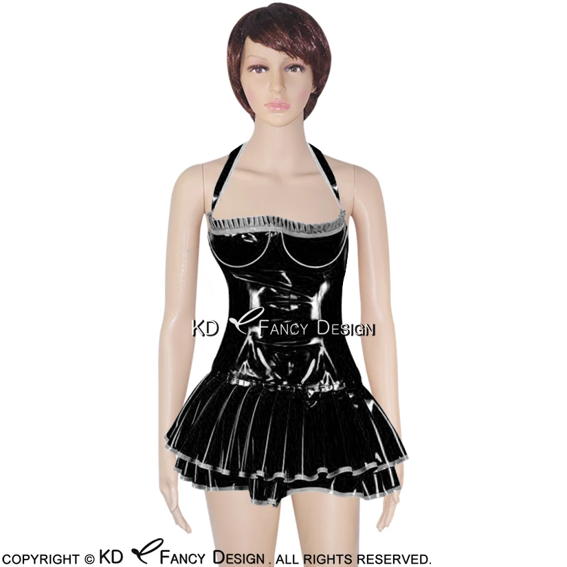 Black And Pewter Halter Sexy Latex Dresses With Frills Back Zipper Rubber Pleated Bodycon Playsuit Plus Size LYQ-0027