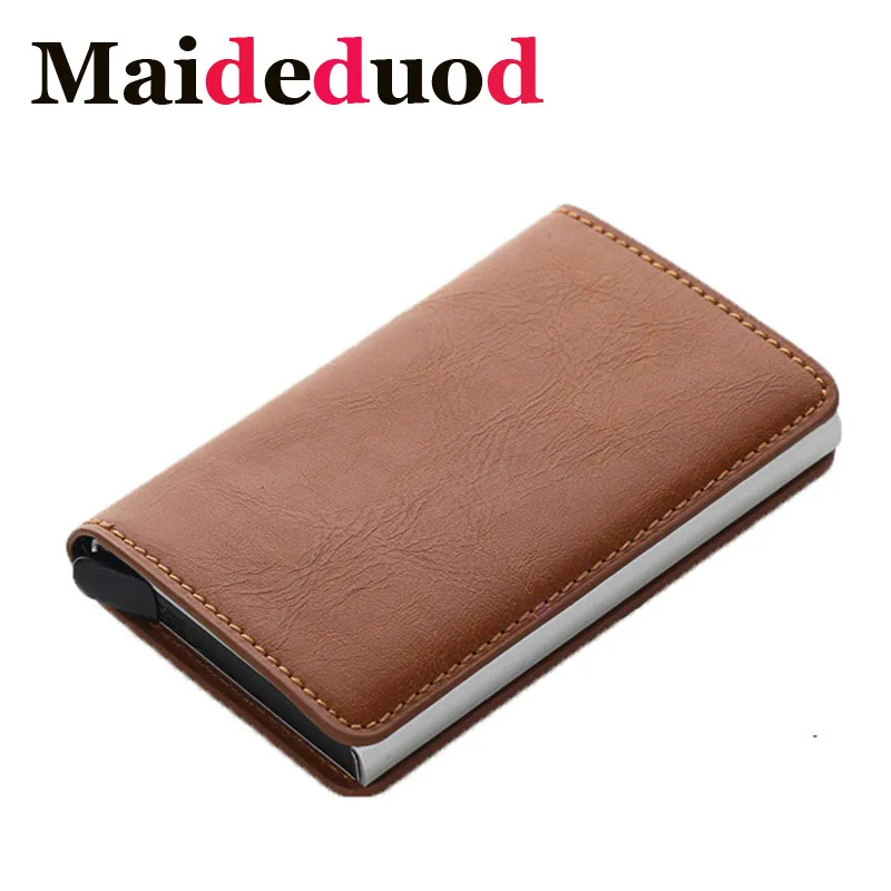 

NEW Fashion Credit Card Holder Crazy Horse PU Leather Card Holder Aluminum Slim Short Card Holder RFID Blocking Card Wallet